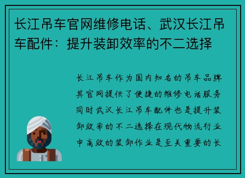 长江吊车官网维修电话、武汉长江吊车配件：提升装卸效率的不二选择